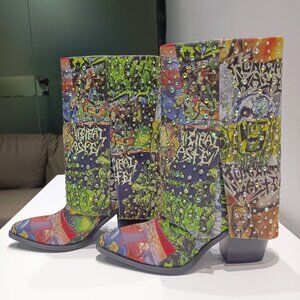 Punk Western Cowboy Boots With Rhinestones & Random Graffiti Mix